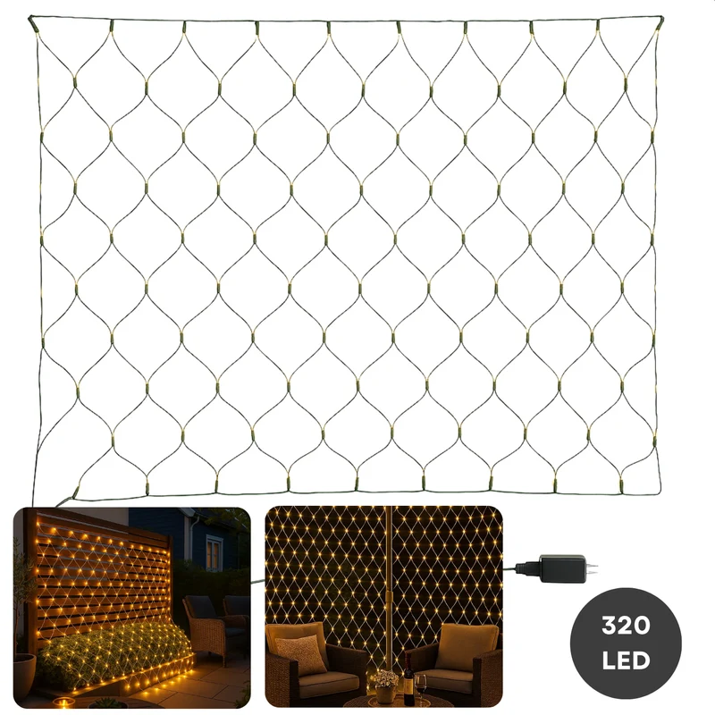 Cheqo® Lichtgordijn LED Netverlichting - Warm Wit Licht - 320 LED Lampjes - Binnen En Buiten - IP44 - Kerstverlichting - Groen Snoer - Lichtnet - Kerstboomverlichting - Lichtgordijn - Licht Net - Kerst Verlichting