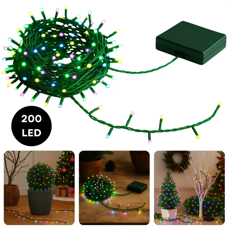 Cheqo® Micro Clusterverlichting - 200 Led Lampjes - Soft Multi Colour - Batterij Aangedreven - 8 Lichtfuncties - Geheugenfunctie - Timer Functie - 6 Uur Aan - 18 Uur Uit - Kerstverlichting - Kerstboomverlichting - Kerstlampjes