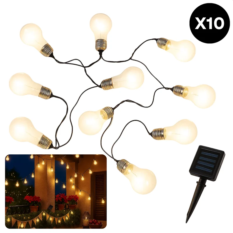Cheqo® Solar Feestverlichting - 10 Lampen - Warm Wit Licht - Vervangbare Batterij - Tuinverlichting Op Zonne-Energie - Lichtslinger Buiten - Sfeerverlichting - Transparante Lampen - Energiezuinig - Tuin Decoratie