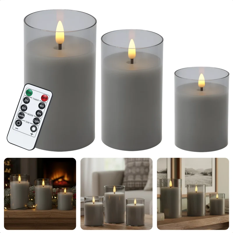 Cheqo® LED Kaarsen Set – Inclusief Afstandsbediening – Grijs Glasdesign – Werkt op Batterijen – Timerfunctie – Dimbare Verlichting – Twee Lichtstanden – Decoratieve Kaarsen – Elektrische Kaarsen - LED Kaars