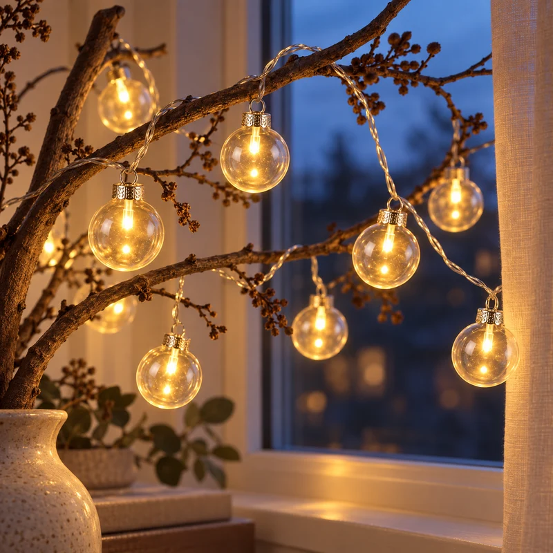 Cheqo® LED Lichtsnoer met Glazen Bollen - Lichtslinger - Lichtketting - Sfeerverlichting - Feestverlichting - Kerstverlichting - Transparante Kerstballen - Kerstdecoratie - 10 Lampjes - Warm Wit - op Batterijen - voor Binnen - Tafeldecoratie