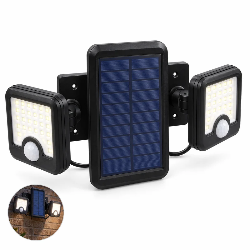 Cheqo® Solar Buitenlamp met Bewegingssensor - Solar Wandlamp - Tuinverlichting op Zonne-energie - Buitenverlichting - Beveiligingslamp - Draaibaar - Dubbele Kop - voor Tuin - voor Oprit - voor Garage - voor Carport - Draadloos - LED - Zwart