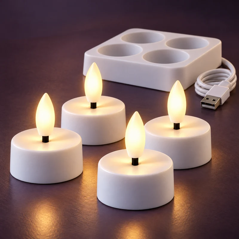 Cheqo® LED Theelichtjes Set van 4 - Oplaadbaar - LED Waxinelichtjes - LED Kaarsen met Oplaadstation en USB Kabel - Vlamloze Kaarsen met Vlameffect - Warm Wit - Elektrische Kaarsen - Sfeerverlichting voor Binnen - Horeca - Kerst en Feesten - Wit