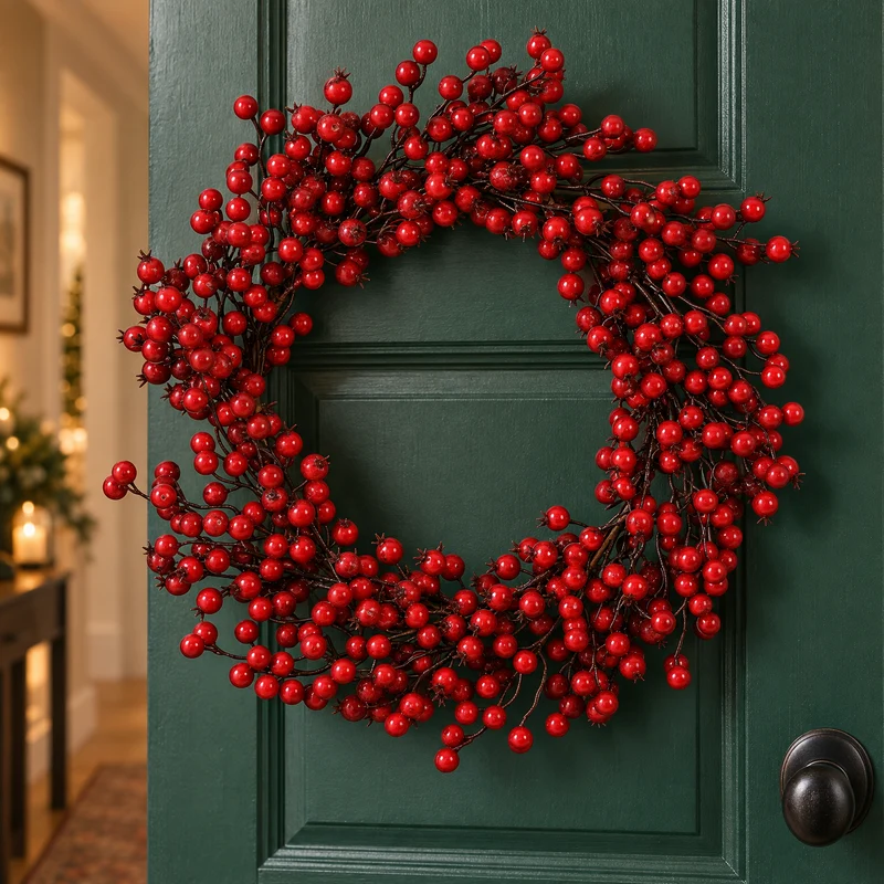 Cheqo® Kerstkrans met Rode Bessen - Deurkrans - Kunstkerstkrans - Bessenkrans - Kerstdecoratie - Krans voor Voordeur - Kerstversiering - Winterkrans - Tafelkrans - Herfstkrans - Wandkrans - Kerstwanddecoratie - Sierkrans voor Binnen