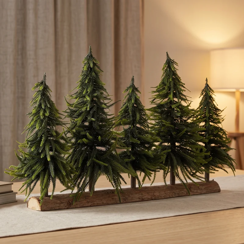 Cheqo® Mini Kunstkerstboom - Decoratieve Kerstboom - Tafeldecoratie - Kerstdecoratie - Kerstversiering - Tafelkerstboom - Decoratie Boomstam met Kunstkerstbomen - Kersttafereel voor Vensterbank en Schouw - Groene Kerstboom voor Binnen