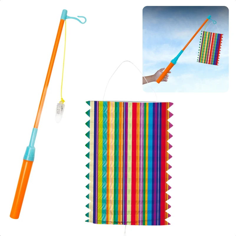 Cheqo® Lampion Set - Lampionstokje met Lampion - Lampionstokje met Lichtje - LED - 39 cm - 11 November - Sint Maarten - Treklampion Strepen - Inclusief Batterijen
