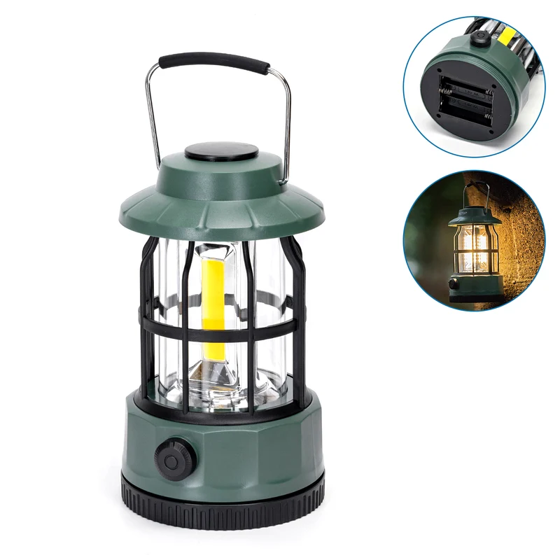 Noodlamp met Handvat - LED Tentlamp op Batterijen (exclusief) - Warmwit licht - Groen body - Dimbaar - Camping & Noodverlichting