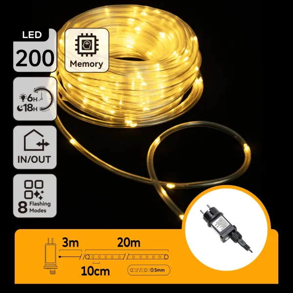 Lichtstring buis warmwit 23 meter (3+20) - 200 LED's | waterdicht IP44 | 230VAC - 24V | met timer 6u aan/18u uit