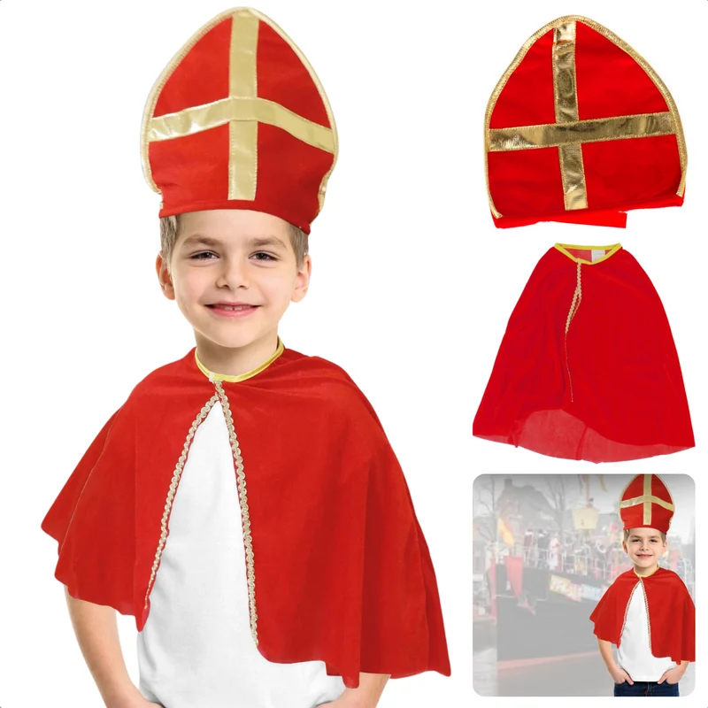 Cheqo® Sinterklaas Verkleedset Kinderen - Sinterklaas Kostuum - Rood-Gouden Cape en Mijter