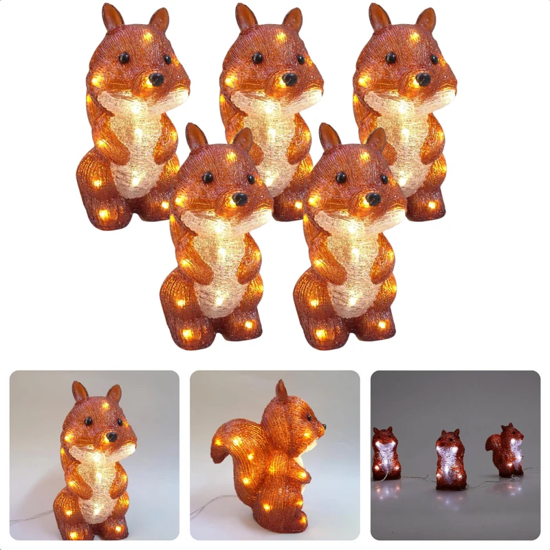 Cheqo® Kerstverlichting Acryl - Verlicht Kerstfiguur - LED Eekhoorn Set - Buiten & Binnen - 7x11xH13 cm - Timerfunctie