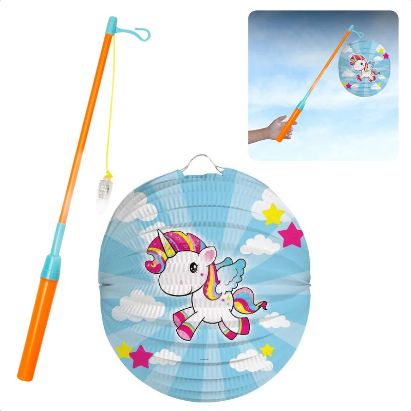 Cheqo® Sint Maarten Lampion en Lampje - Lampionstokje LED - Unicorn Lampion - Lampionstok 11 November - Lampion Lamp + Eenhoorn Lampion - 39cm Stok + 22cm Lampion
