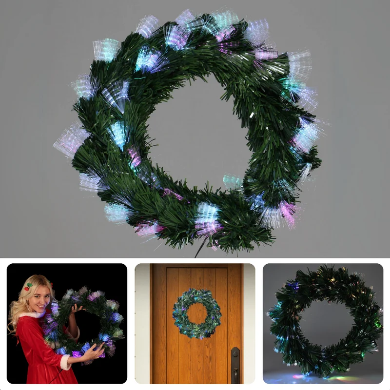 Cheqo® Kerstkrans Met Verlichting - Multicolor LED - 50 cm - Fiber Optic - Op Batterijen