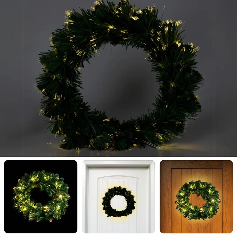 Cheqo® Kerstkrans Met Verlichting - Deurkrans - Fiber Optic - 50 cm - Warm Wit LED - Op Batterij