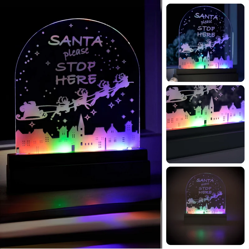 Cheqo® Kerstverlichting LED - Santa Please Stop Here - Meerkleurig Decoratief Bord - Acryl Kerstversiering - 30x20 cm