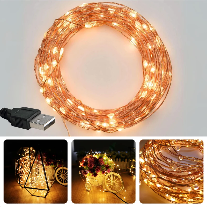 Cheqo® LED Lichtslinger USB - Kerstboomverlichting - Kerstlampjes - Kerstverlichting - Warm Wit - 10 Meter USB - Flexibele Koperdraad Verlichting