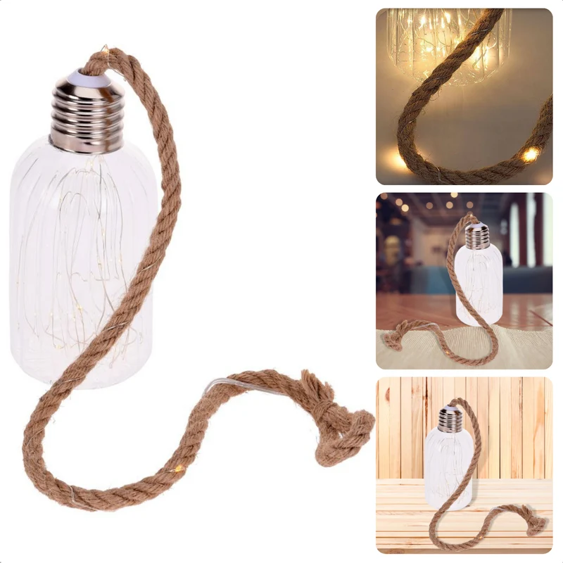 Cheqo® Glazen Lamp Met 20 LED - Kerstverlichting - Warm Wit - Jute Touw - 17.5 cm Hoog - Industriële Verlichting