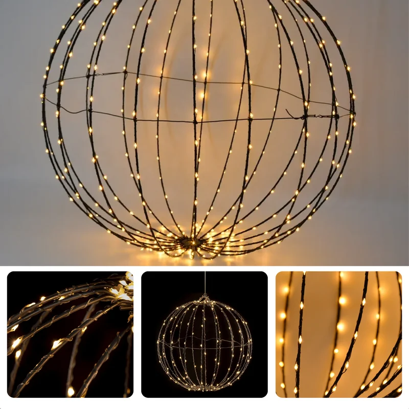 Cheqo® Kerstverlichting Lichtbol - Metaal - 320 LED's - Timer - Extra Warm Wit - Diameter 50 cm - Aanloopsnoer van 300 cm - Opvouwbaar - Voor Binnen en Buiten - Kerstverlichting - Kerstlampjes - Sfeerverlichting - Kerstbol