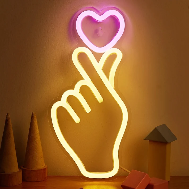 Hand and Heart LED Neon Sign - USB Powered, Flexible Silicone, Decorative Night Light