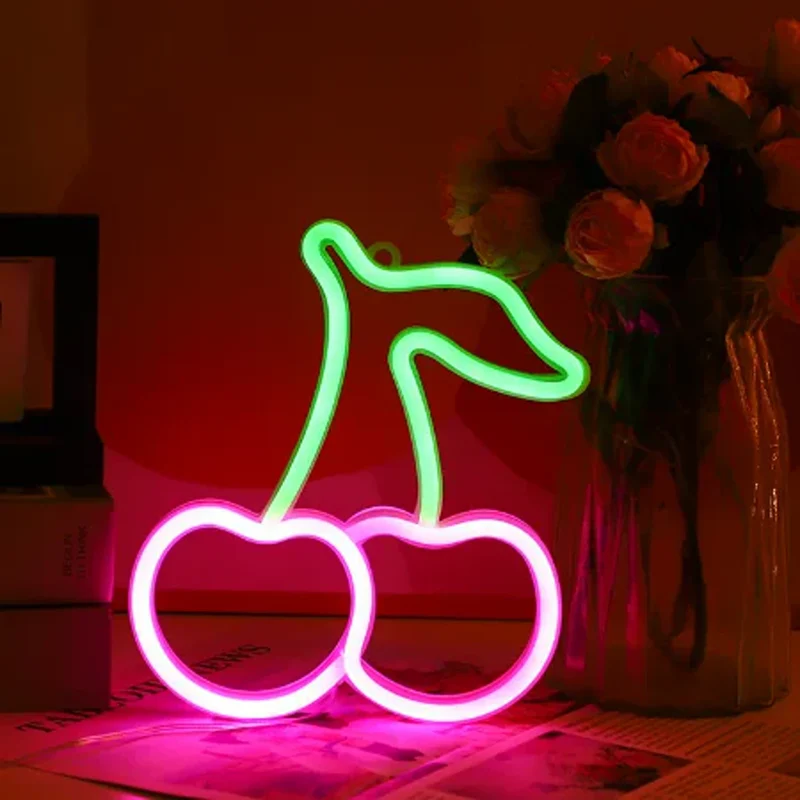 Cute Cherry LED Neon Sign - USB & Battery Powered, Wall or Shelf Display