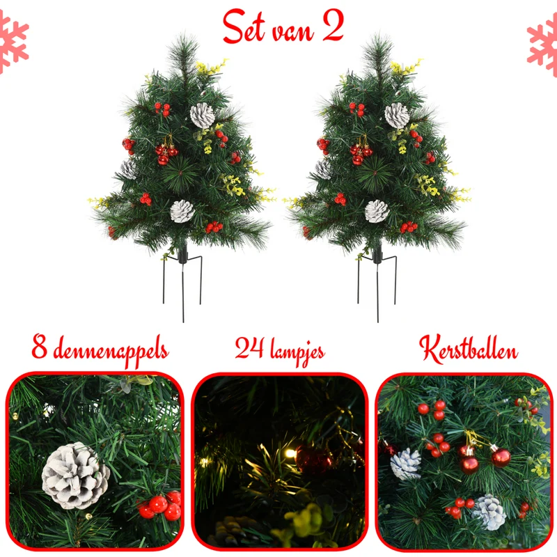 Kunstkerstboom set van 2 met verlichting en decoratie 75 cm