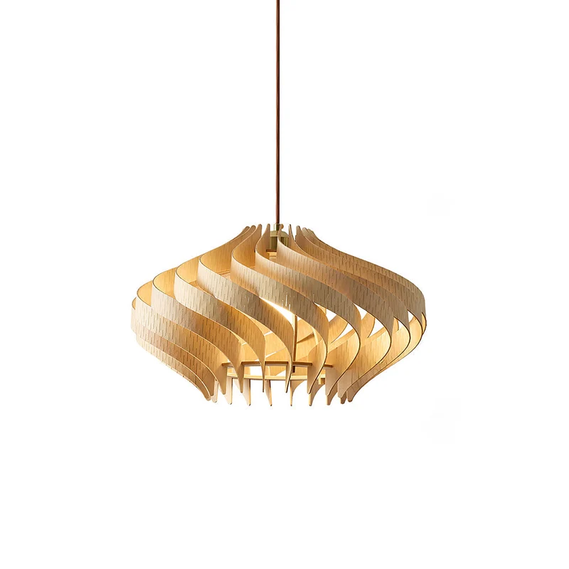 Japandi Houten Hanglamp met Spiraalvormige Lamellen