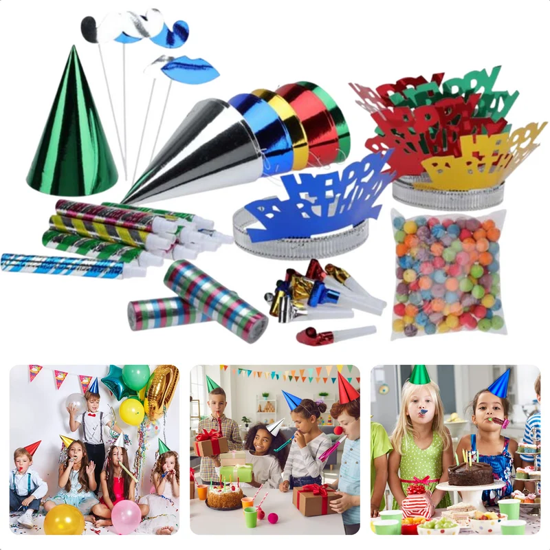 Cheqo® 191-delige Partyset voor Kinderfeestjes - Verjaardag - Decoratie - Versiering - 10 Feesthoedjes - Ballonnen - Slingers - 5 Happy Birthday Hoofdbanden - Toeters - Feest Set - Partybox - Feestpakket - Verjaardagsfeest