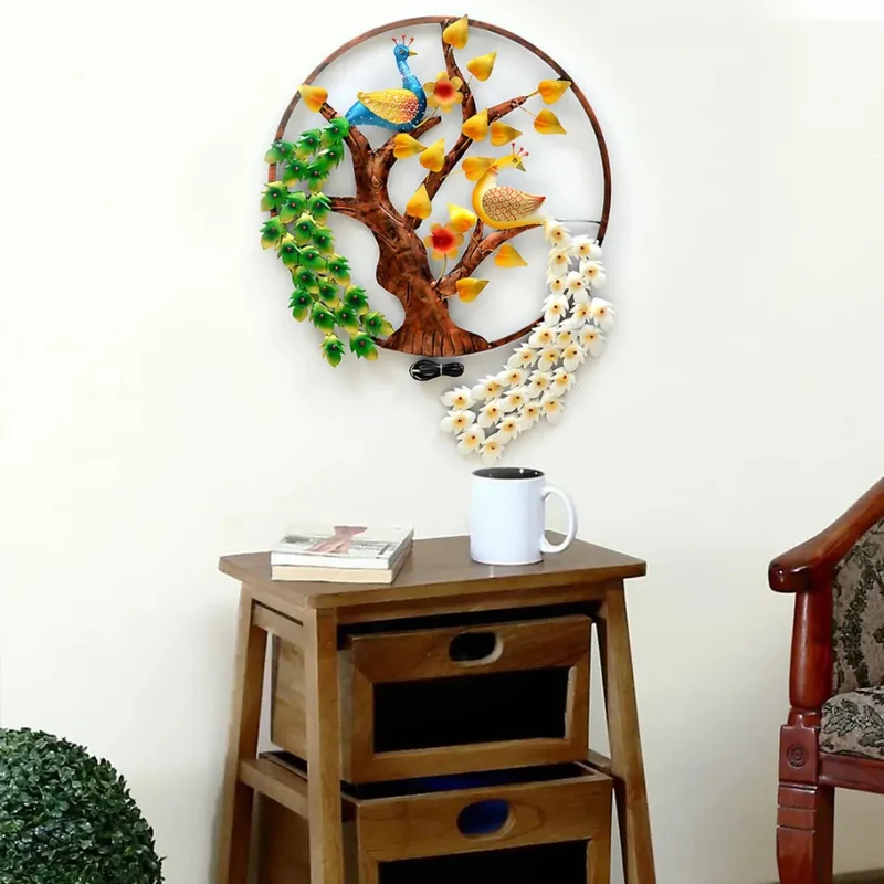 Aashly Metalen Wanddecoratie Boom met Pauwen – Ronde Wandkunst Nature Design