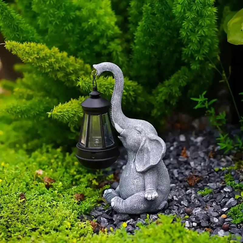 Solar-Powered Elephant Statue Garden Light - Built-in Lantern, IP44 Waterproof, Outdoor Resin Decor
