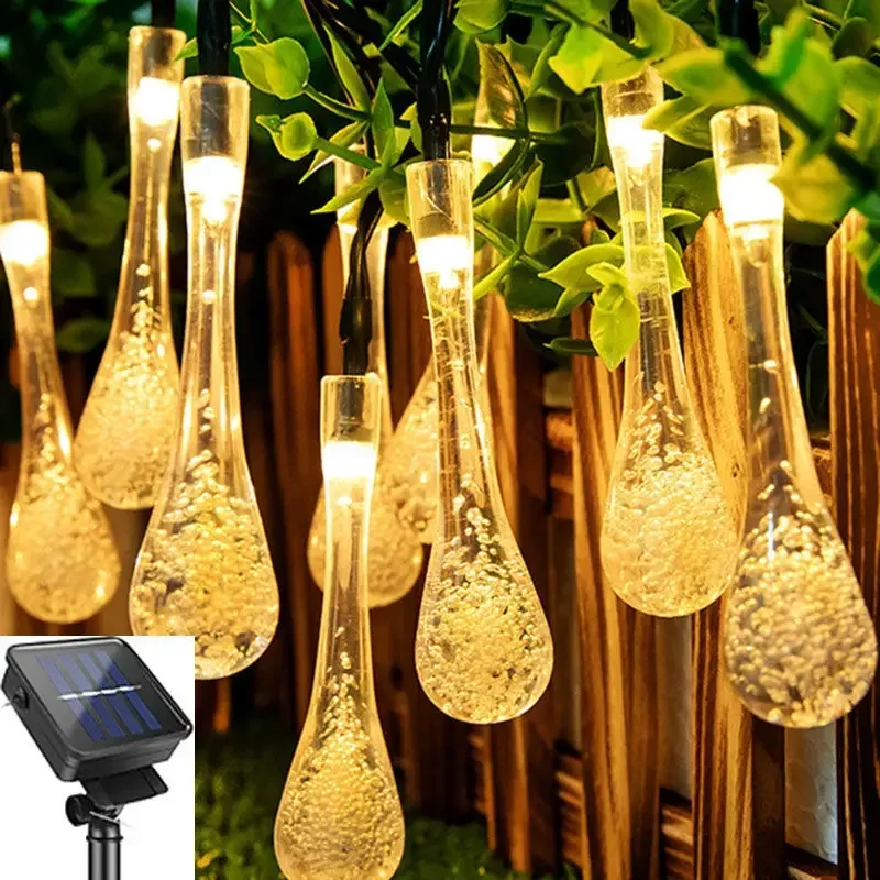 Water Drop Solar LED String Lights - Steady & Flashing Modes, Multi-Color