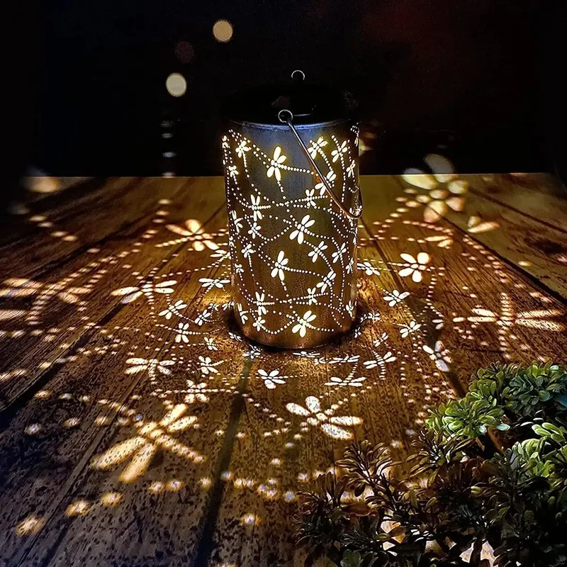 Dragonfly Pattern Vintage Metal Solar LED Lantern Light - IP65 Waterproof