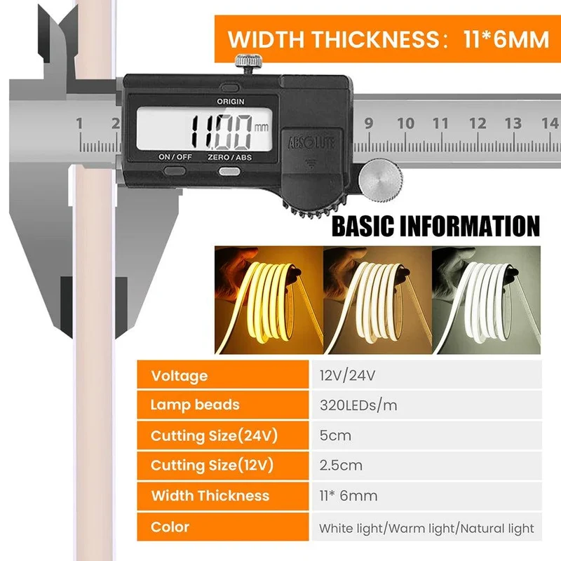 12V IP68 COB Neon LED Strip Light - DC Plug or 2-Pin Wire, Flexible, Cuttable