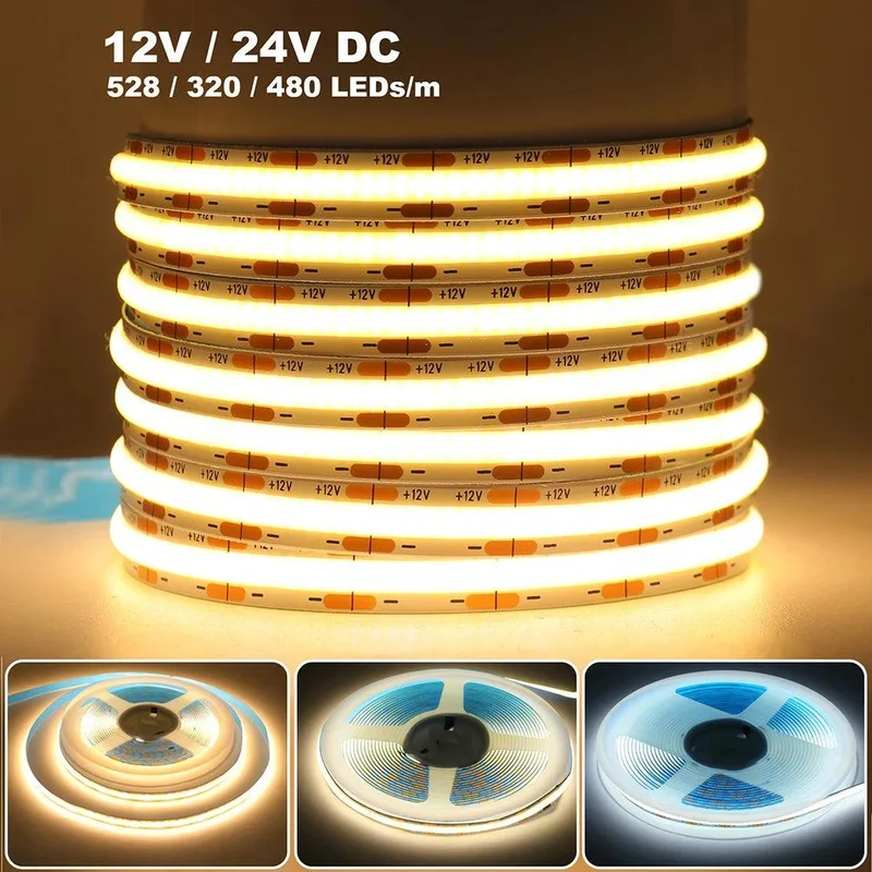 12V High Density COB LED Strip Light - DC Plug or 2-Pin Wire, 320–528 LEDs/m, Dimmable