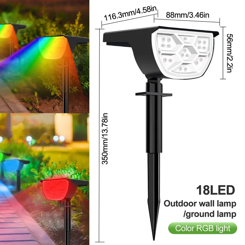 Outdoor Solar LED Landscape Spotlight - 68/72 LEDs, 3 Modes, RGB, IP65 Waterproof