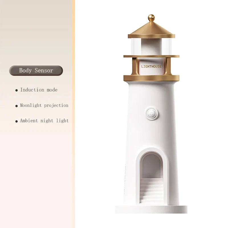 Moon Projection Lighthouse Night Light - Remote Control, Motion Sensor, Rechargeable