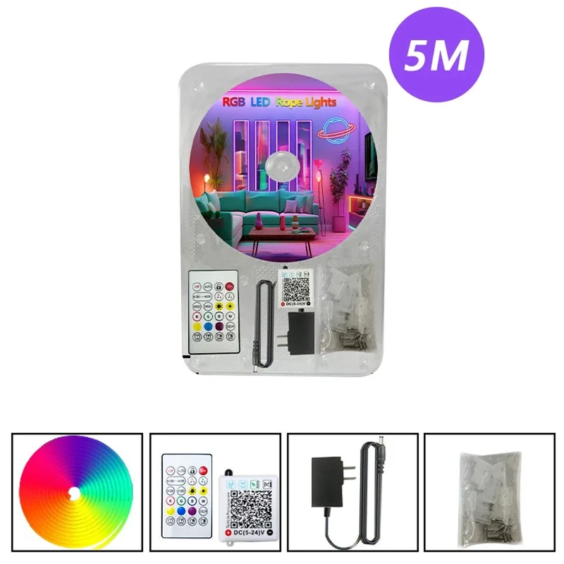 DC 24V RGB Neon Rope LED Strip Light - App Control, Music Sync, Waterproof, AC 110V/220V
