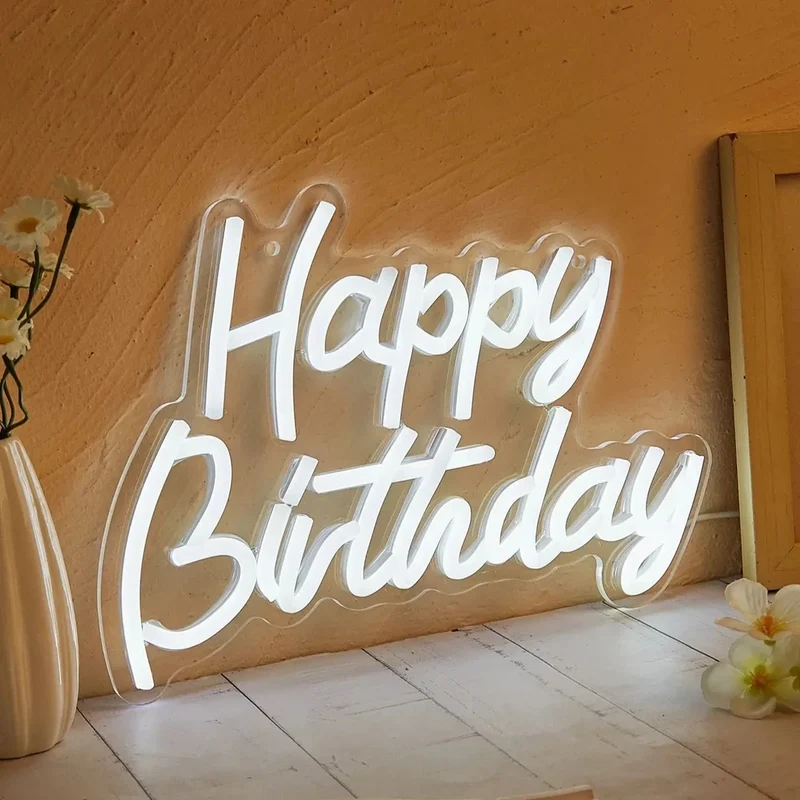 Happy Birthday LED Neon Sign - USB Powered, Flexible Silicone LED, Wall or Shelf Mount