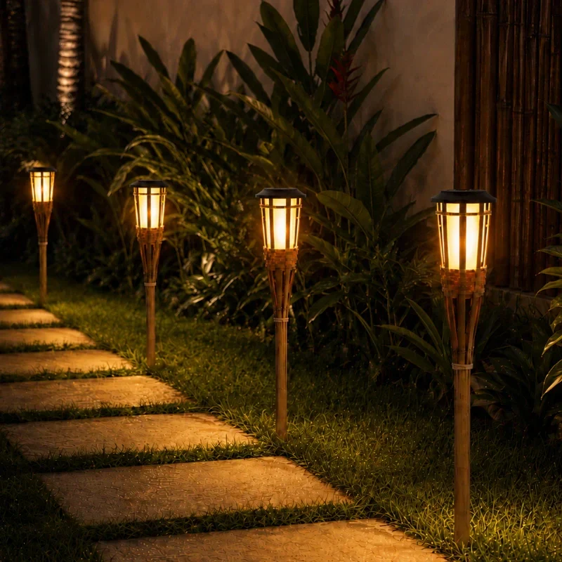 Solar Bamboe Tuinfakkel – Flikkerende LED Vlam Buitenlamp voor Tuin & Terras