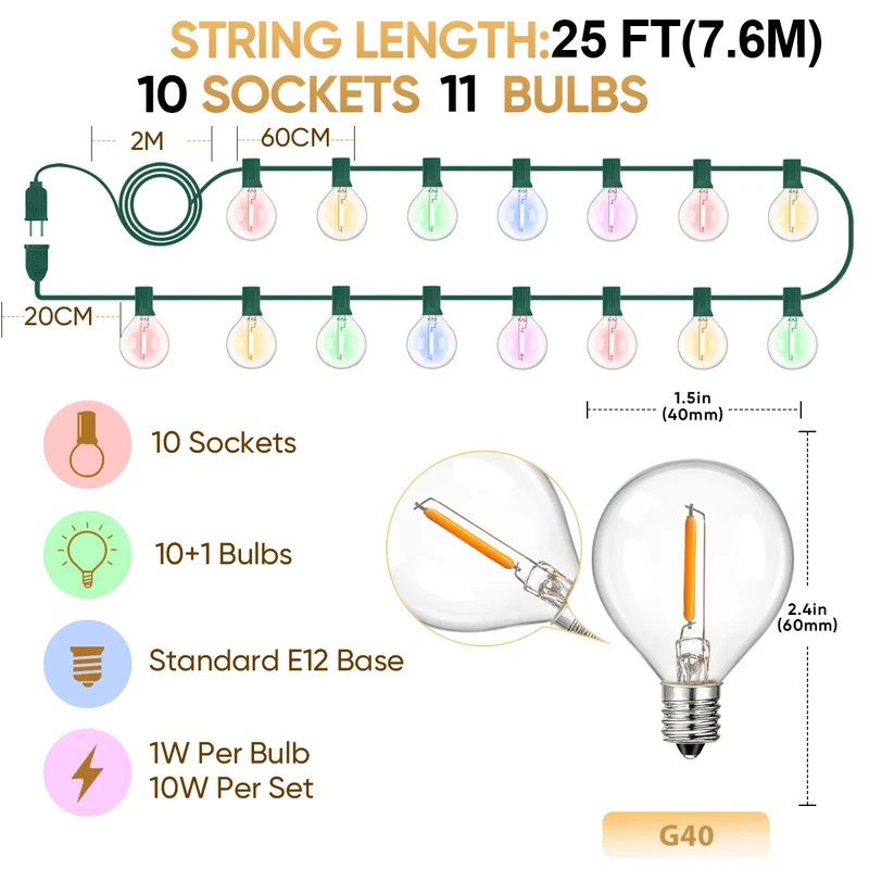G40 Multicolor Outdoor LED String Lights - Waterproof, Connectable Design