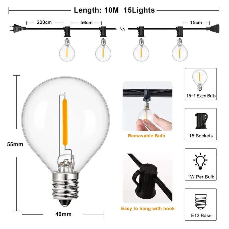 Shatterproof G40 Outdoor LED String Lights - Waterproof, Connectable