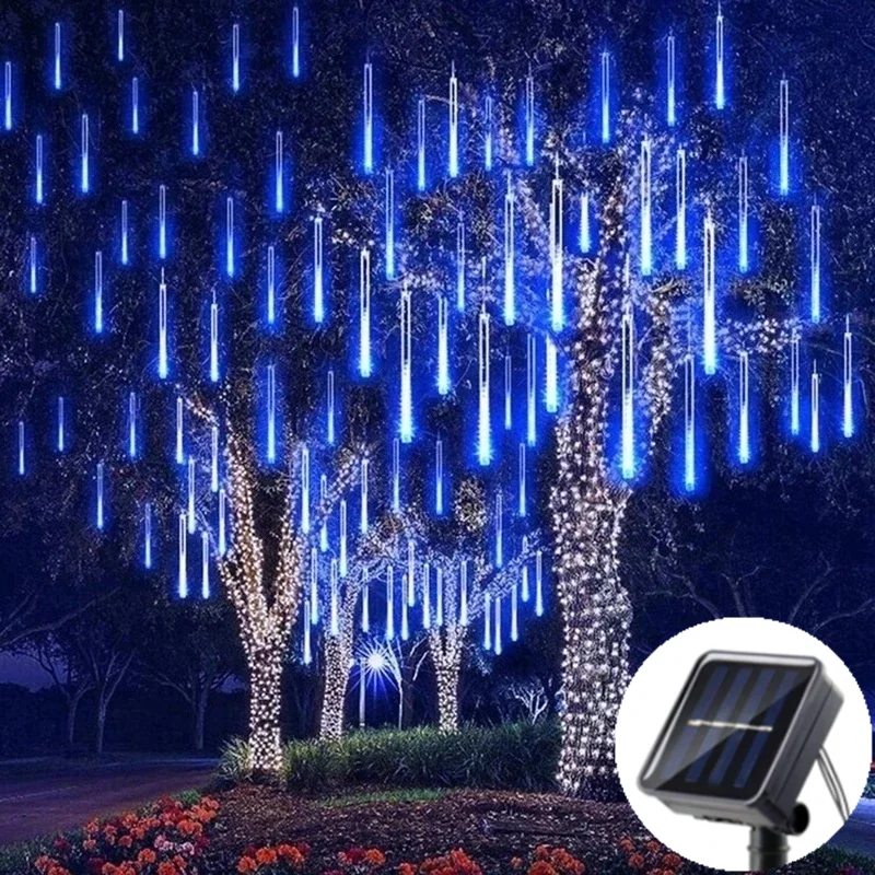 Solar Meteor Shower LED Rain Lights - 5M 8 Tubes, 192-288 LEDs, IP65 Waterproof