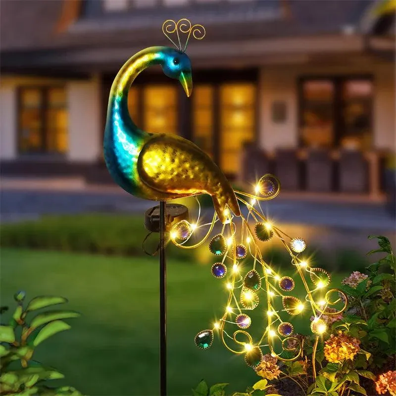 Metal Peacock LED Solar Garden Lights - Ground Stake, Auto On/Off, IP44 Waterproof