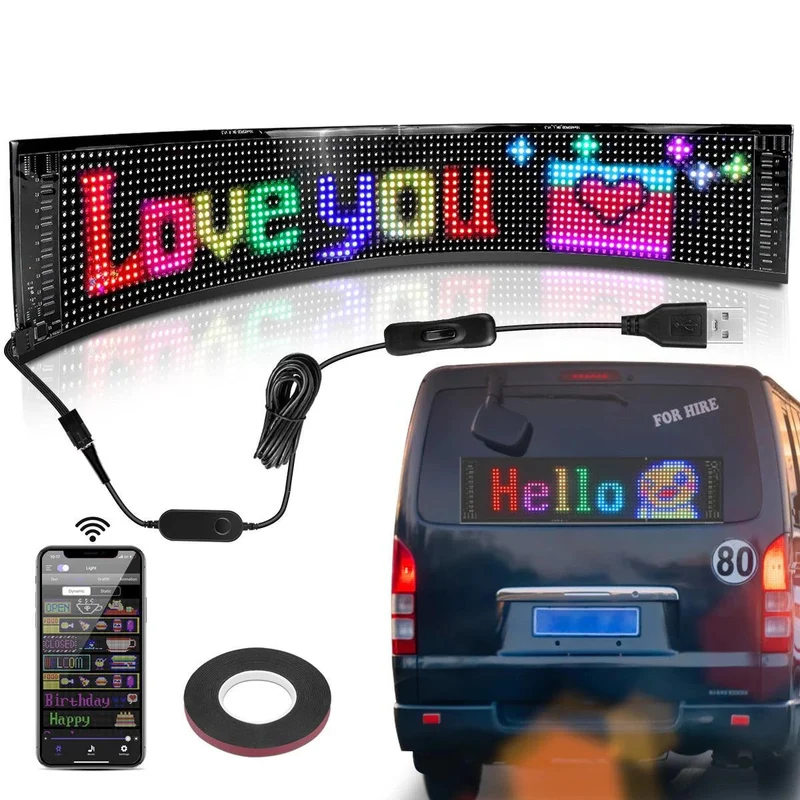 Programmable Car LED Matrix Sign - USB 5V, App Controlled, Scrolling Text