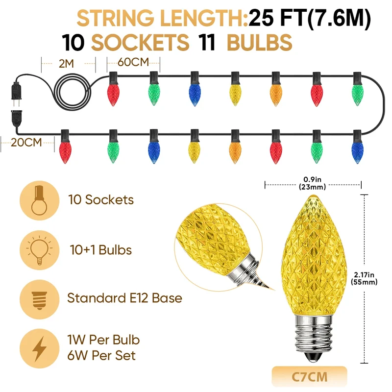 RGB C7 LED Outdoor String Lights - E12 Base, IP44 Waterproof, Connectable