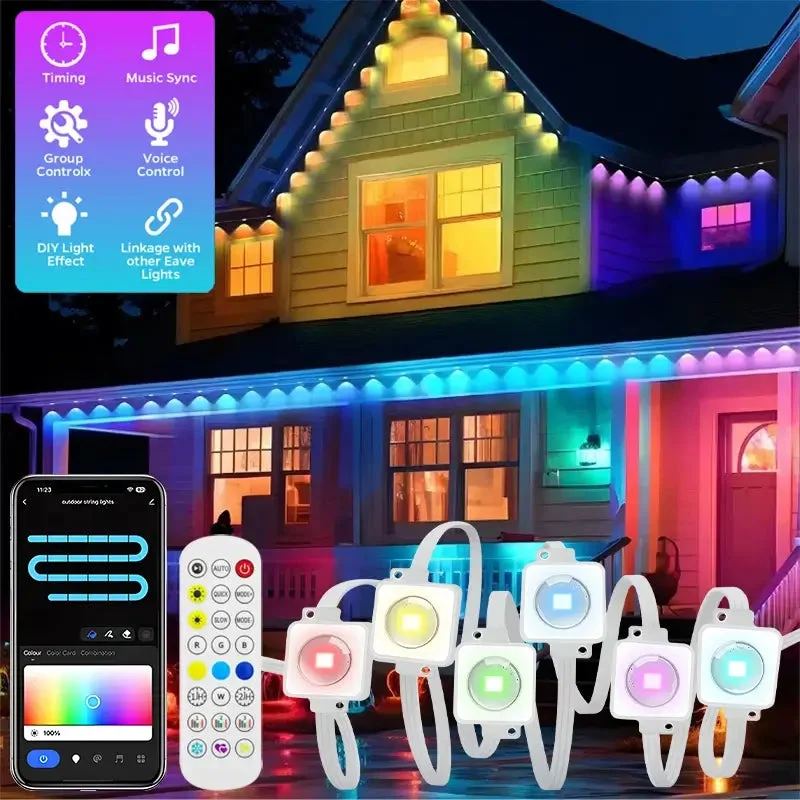 100FT Permanent RGB Outdoor Eaves LED Lights - 60 LEDs, Addressable RGB, App Control