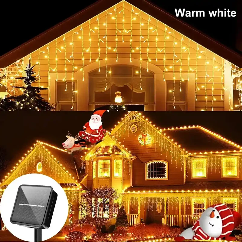 Solar LED Icicle Lights - Auto On/Off, 8 Modes, IP65 Waterproof