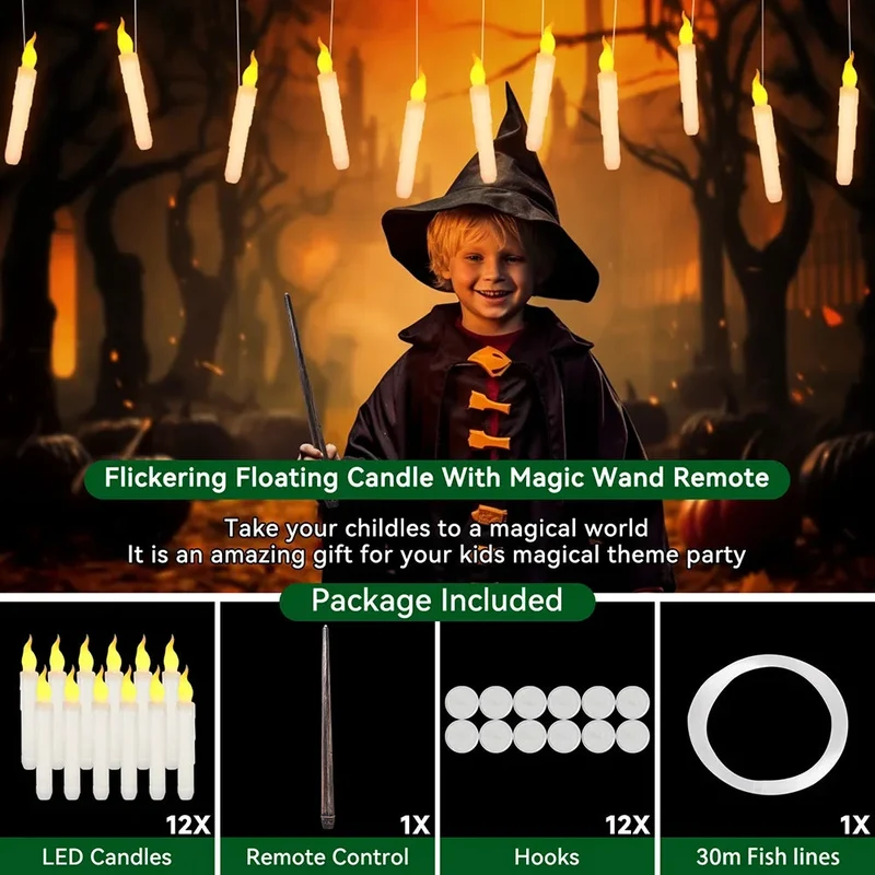 12/24pcs Flameless Floating LED Hanging Candles - Battery Operated, Wand Remote