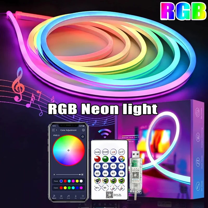 5V RGBIC Neon LED Strip Light - Bluetooth App Control, Waterproof, USB Powered