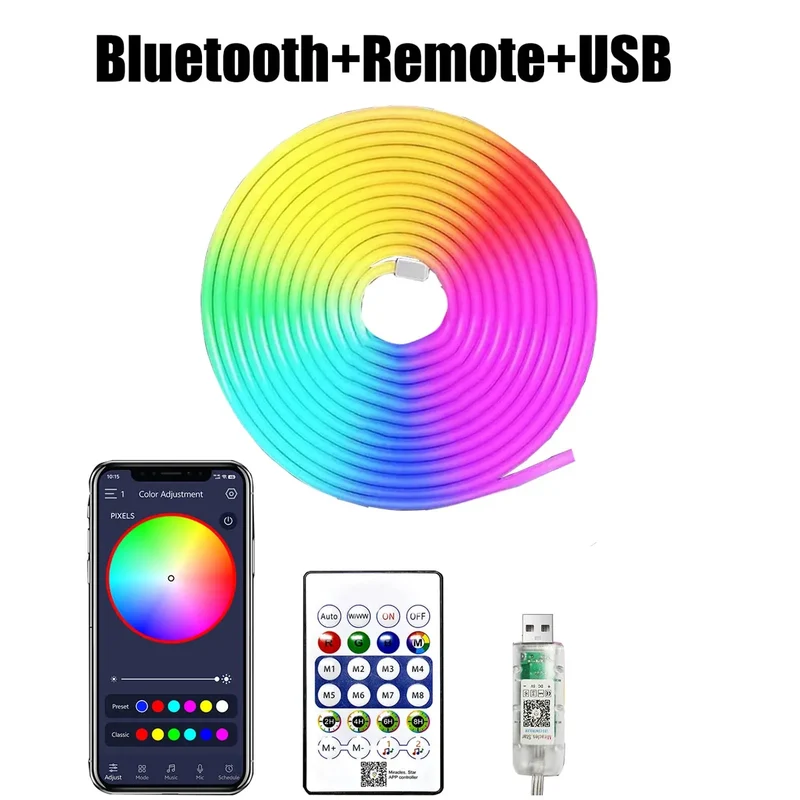 5V RGBIC Neon LED Strip Light - Bluetooth App Control, Waterproof, USB Powered