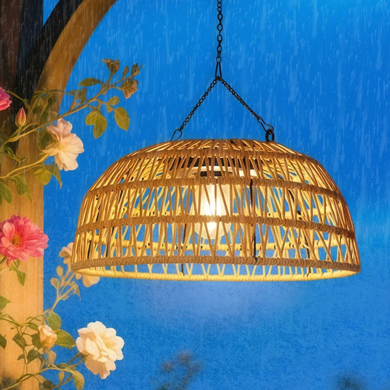 Vintage Rieten Solar Hanglamp | Waterbestendige Tuinverlichting Voor Buiten