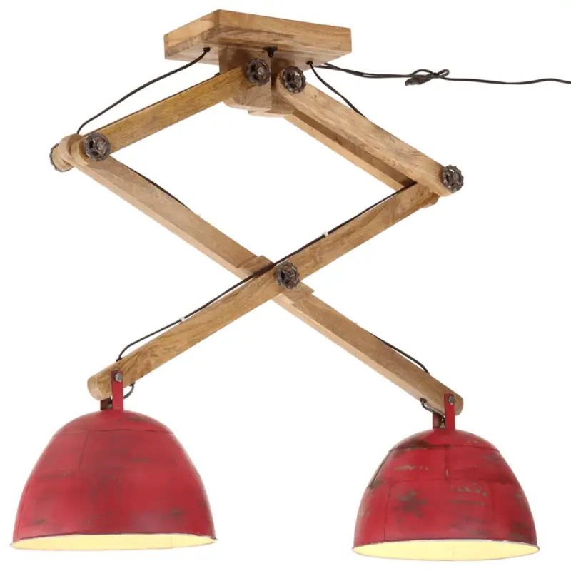 Plafondlamp in industriële stijl met massief mangohout en verweerd rood